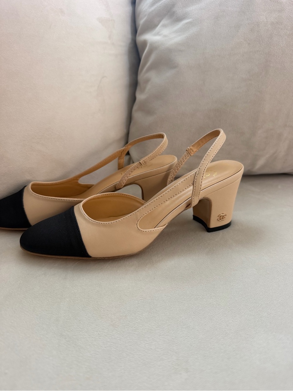 Beige and Black Two-Tone Slingback Heels
